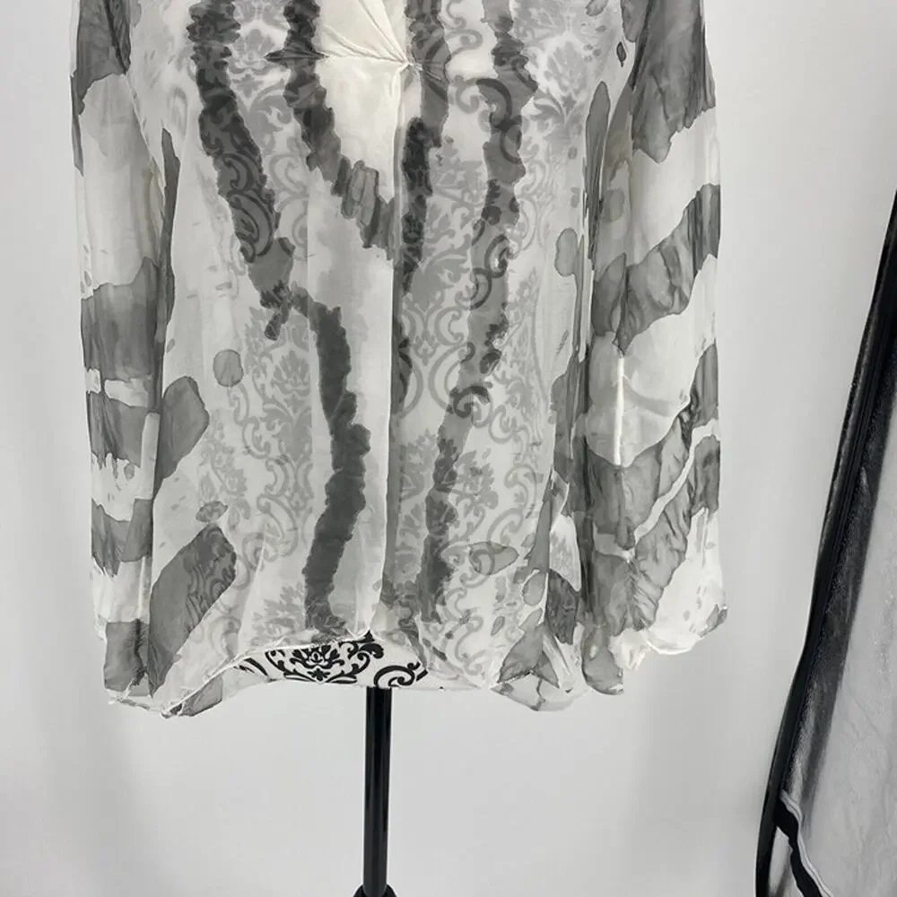 Belle France White & Gray Sheer Silk Blend Cover-Up Blouse Roll Tab Sleeves M - Picture 4 of 9